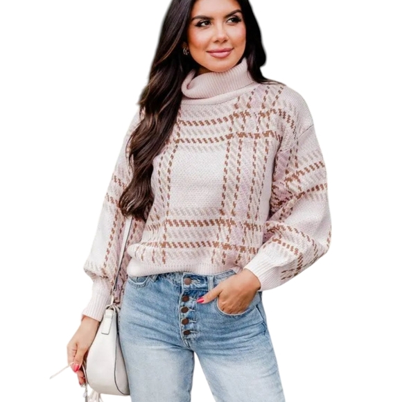 Plaid Cowl Neck Knit Cropped Boxy Sweater  Neutral blush Pink and Brown Sz S - Picture 1 of 10